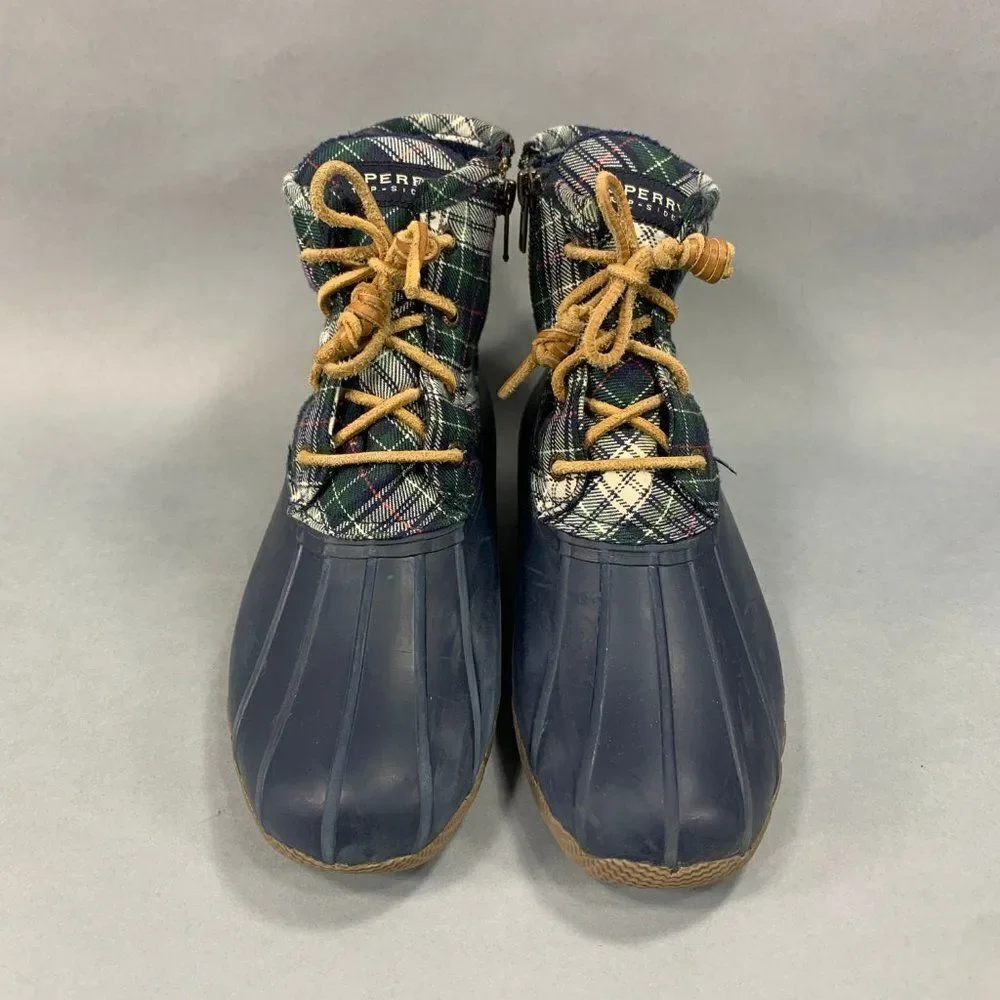 Sperry‎ Rain Boots Women's Size 7.5 Blue Plaid Syren Gulf Rubber Duck Boots
